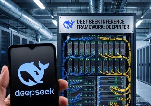Representação visual meramente ilustrativa, sem compromisso com a realidade, do sistema DeepInfer, software de execução de IA da DeepSeek. - Crédito: Imagem gerada por IA